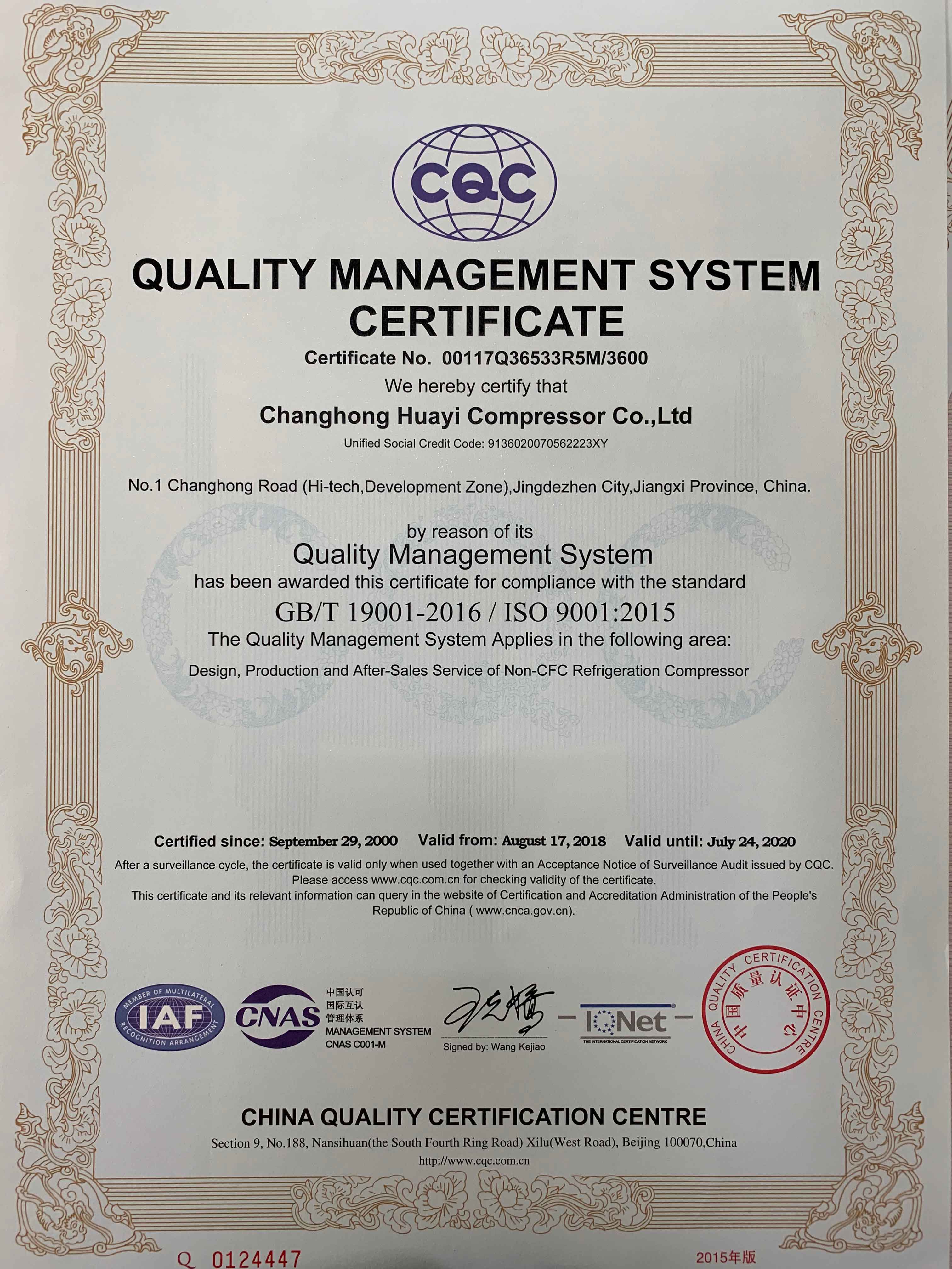 QUALITY MANAGEMENT SYSTEM CERTIFICATE